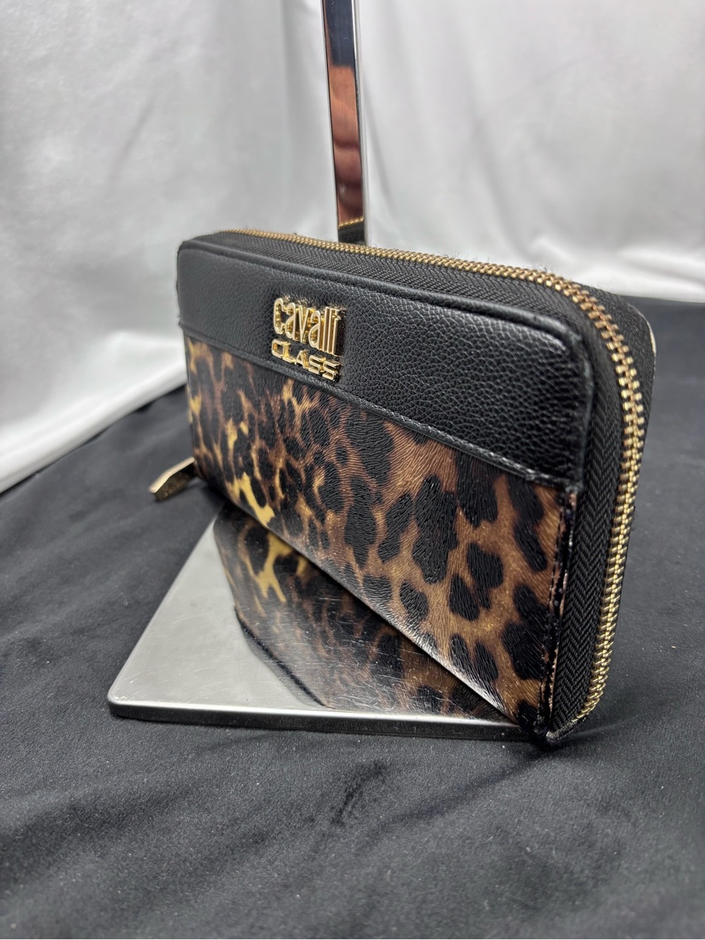 Cavalli Class Leopard Print Zip Around Wallet Black Pebbled Leather Animal Print - Picture 4 of 10
